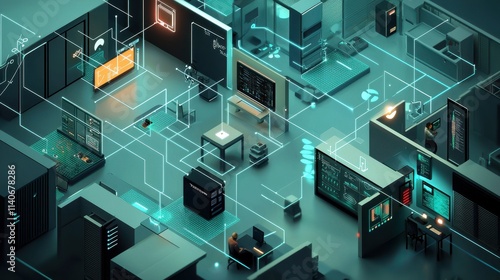 A visualization of the Internet of Things (IoT) enabling connected devices in homes, offices, and factories, with real-time data flow photo