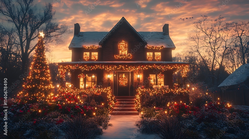 An enchanting holiday scene, a house glowing with festive lights and garlands, vibrant holiday colors, the serene evening sky fading into twilight, cinematic depth, intricate photorealism, An enchanting holiday scene, a house glowing with festive lights and garlands, vibrant holiday colors, the serene evening sky fading into twilight, cinematic depth, intricate photorealism,