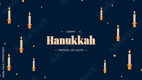 Happy Hanukkah Jewish Holiday Social Media Post Template.Hanukkah on blue horizontal background with holiday candles and stars.Design for Jewish Festival of light. Place for your text.