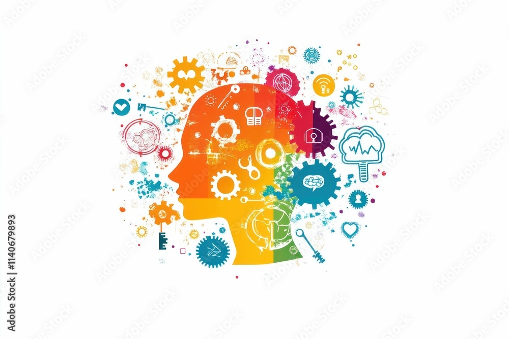 creative thinking, innovation, technology, gears, silhouette, mind map, inspiration, bright colors, imagination, abstract design, conceptual illustration creative thinking, innovation, technology, gears, silhouette, mind map, inspiration, bright colors, imagination, abstract design, conceptual illustration