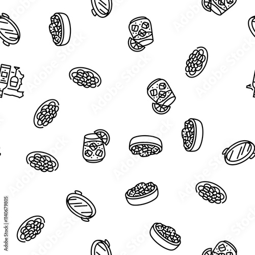 spanish cuisine food paella tapas vector seamless pattern thin line illustration