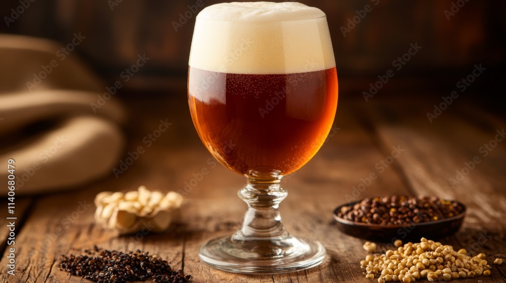 Craft Beer in a Glass with Foam Surrounded by Brewing Ingredients Craft Beer in a Glass with Foam Surrounded by Brewing Ingredients