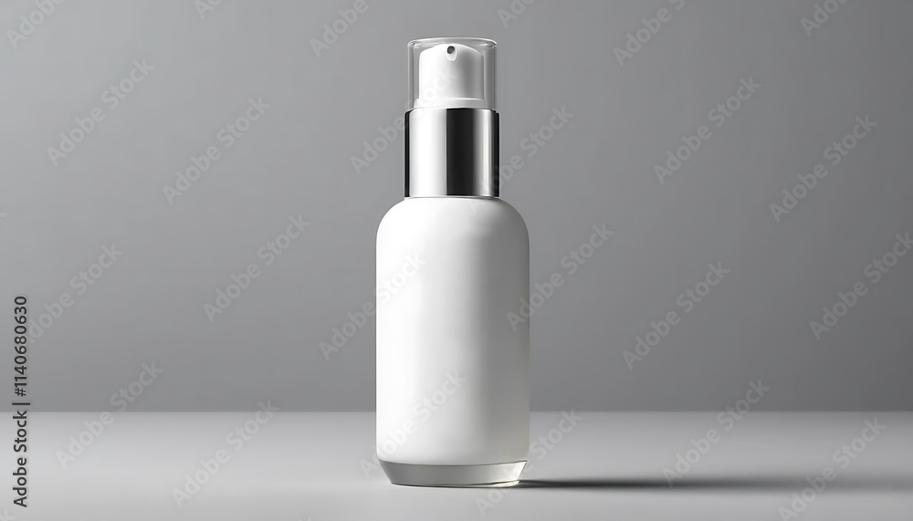 Mockup (white skin care serum bottle) is displayed on a clean background (grey) with realistic details. Mockup (white skin care serum bottle) is displayed on a clean background (grey) with realistic details.