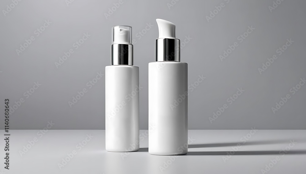 Mockup (white skin care serum bottle) is displayed on a clean background (grey) with realistic details. Mockup (white skin care serum bottle) is displayed on a clean background (grey) with realistic details.
