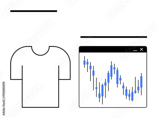 Minimalistic T-shirt outline beside a stock market chart displaying candlestick patterns in a window. Ideal for finance, fashion industry trends, economic studies, business analytics, branding, stock