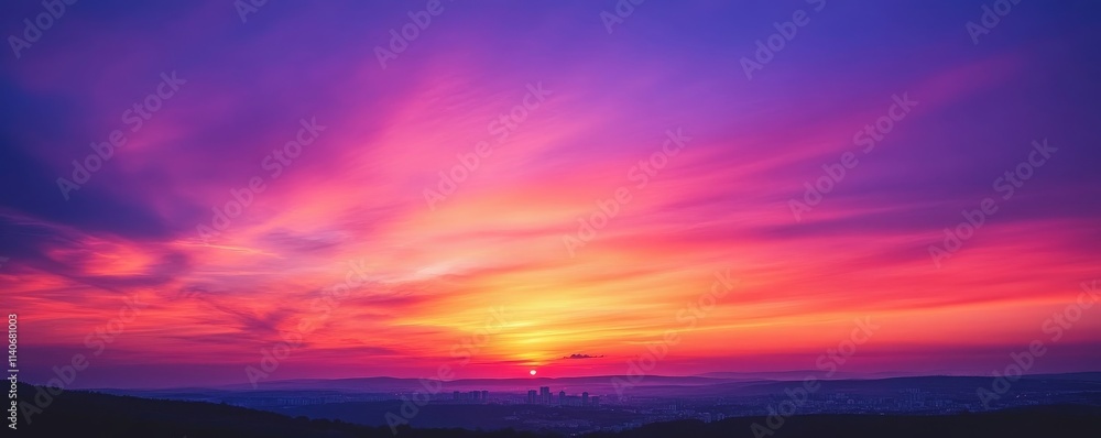 Obraz premium Orange and purple sunset sky, silhouette of city skyline, dramatic evening light, Generative AI
