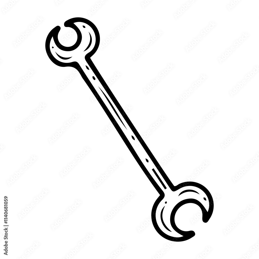 Wrench hand drawn doodle. Tool for tightening and loosening nuts and hex bolts. Workshop equipment. Fork-shaped metal device. Vector line art illustration. Wrench hand drawn doodle. Tool for tightening and loosening nuts and hex bolts. Workshop equipment. Fork-shaped metal device. Vector line art illustration.