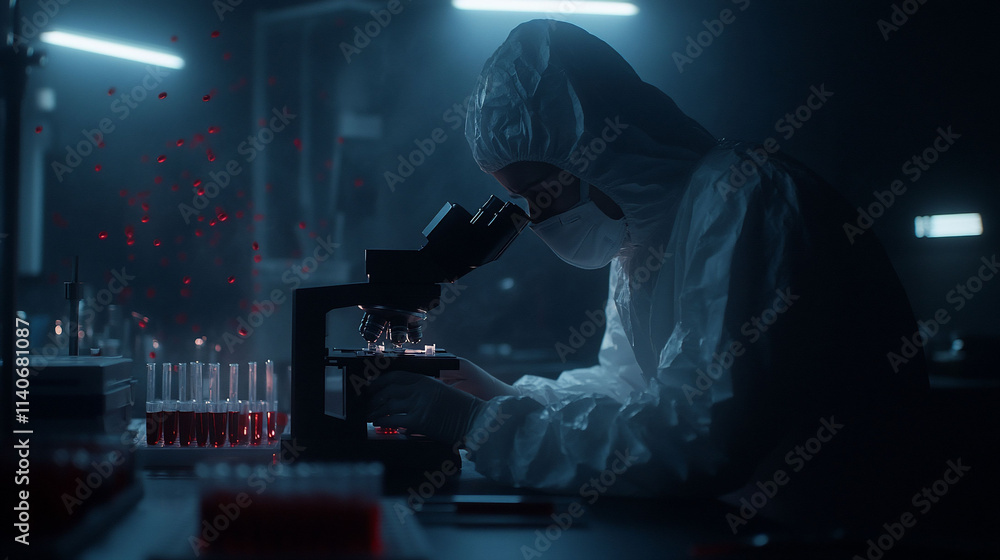 Scientist examining samples under a microscope in a lab. Scientist examining samples under a microscope in a lab.