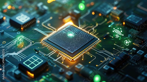 A solar-powered microchip surrounded by digital energy icons, glowing softly to highlight its renewable energy source