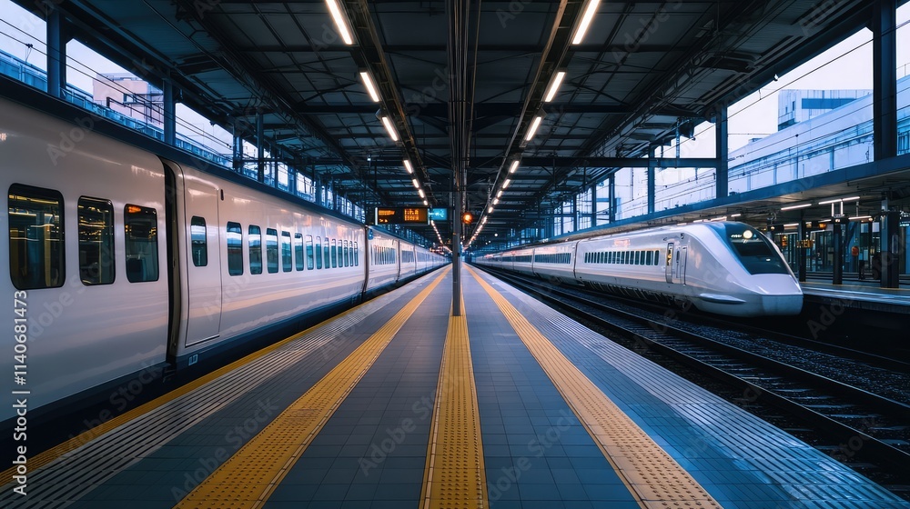 A spacious high-speed train station with minimalistic design, featuring wide platforms and advanced passenger facilities A spacious high-speed train station with minimalistic design, featuring wide platforms and advanced passenger facilities