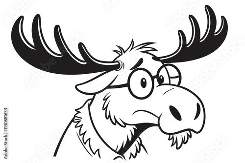 A slightly nerdy-looking cartoon moose head, drawn in black and white. The moose wears thick glasses, has symmetrical antlers, and a short, scruffy beard. Its expression is thoughtful and a bit silly.