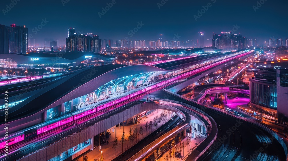 Fototapeta premium A vibrant shot of a high-speed rail system illuminated at night, with trains departing from a bustling, modern station
