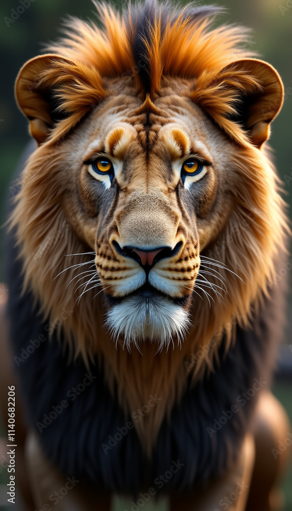 Close-up portrait of a majestic lion with a glorious mane and intense gaze in a natural setting 