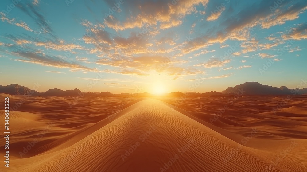 Sand dunes at sunset, golden light casting shadows, desert landscape banner, Generative AI Sand dunes at sunset, golden light casting shadows, desert landscape banner, Generative AI
