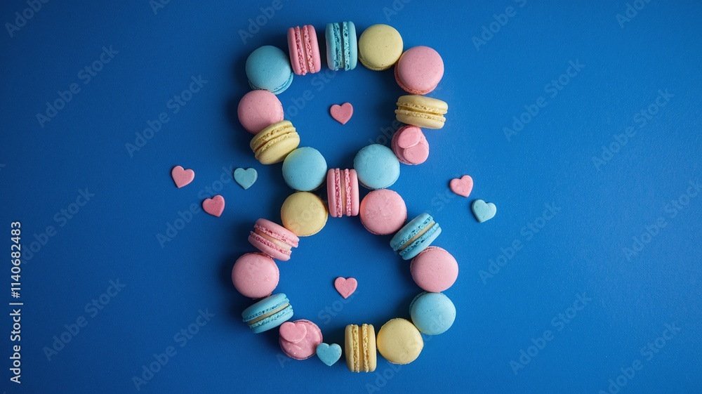 Colorful macarons and candy hearts lies the figure eight on the day of women's day Colorful macarons and candy hearts lies the figure eight on the day of women's day