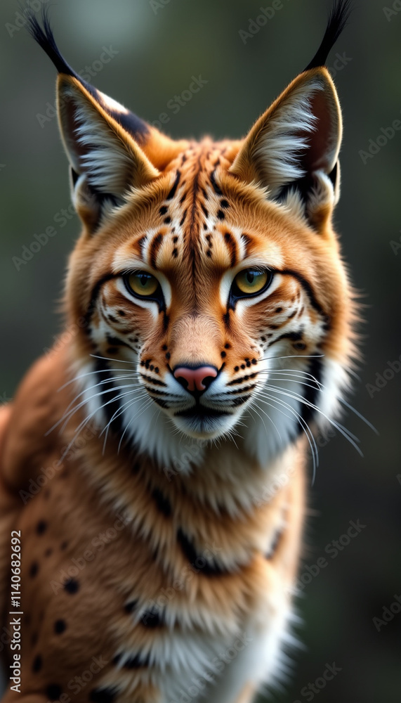 Close-up portrait of a beautiful lynx with distinct ear tufts and striking features in a blurred forest background Close-up portrait of a beautiful lynx with distinct ear tufts and striking features in a blurred forest background