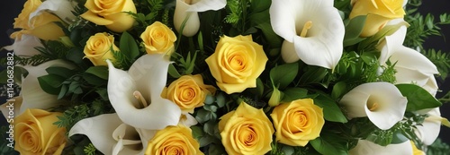 Yellow roses and white calla lilies in a loose bouquet with greenery and berries, fresh cut flowers, bouquet, berries