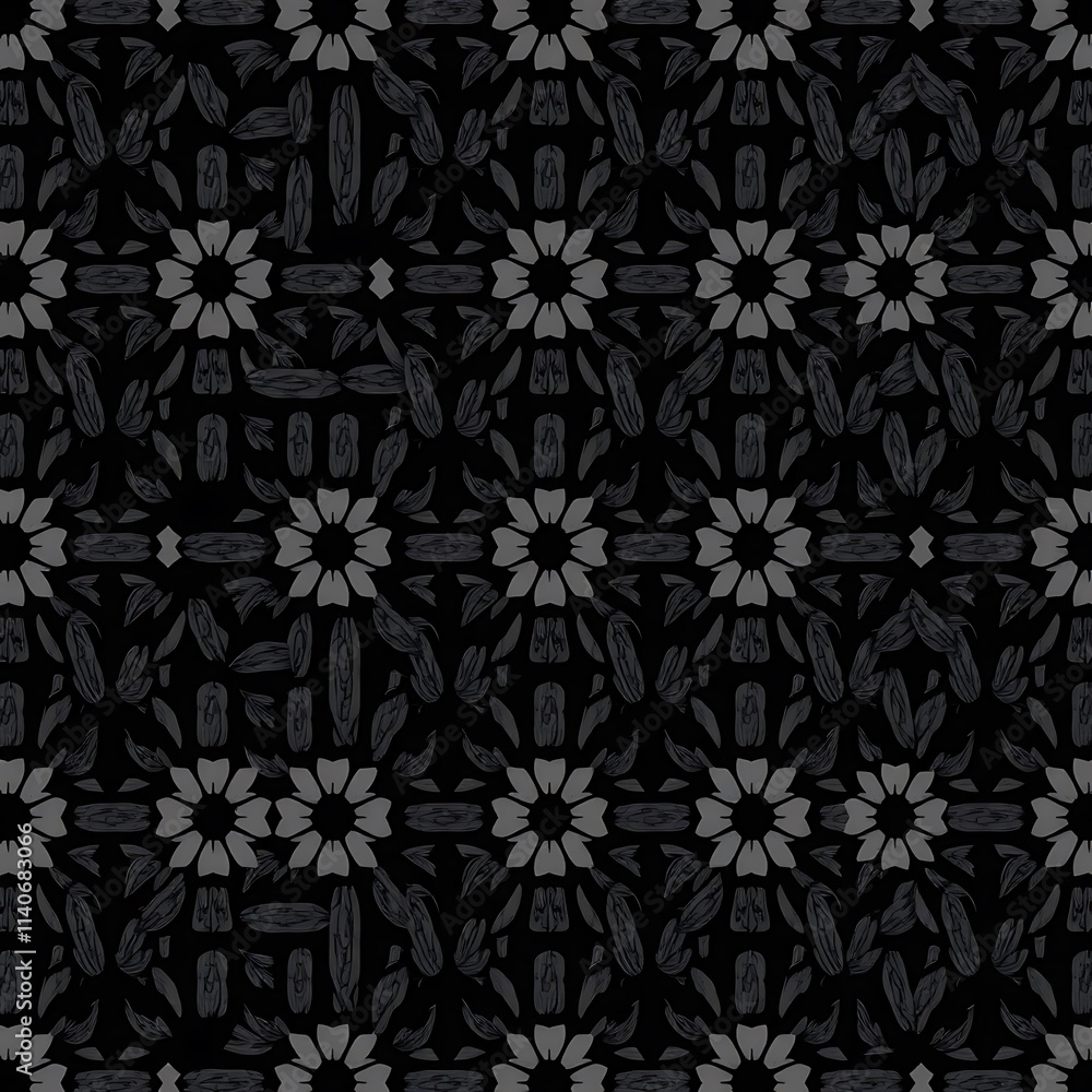 Fototapeta premium Black and White Floral Tile Pattern: A captivating seamless pattern featuring intricate black and white floral motifs on a dark background.