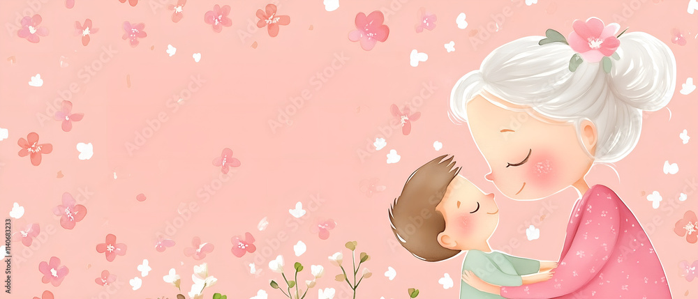 cute illustration for grandparents day; grandma & grandson hugging each other isolated over pink bright background; simple heart warming scene; copy space