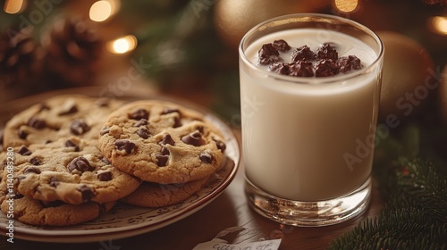 A plate of milk and cookies left out for Santa, with a note nearby. photo