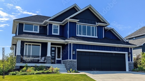 A newly painted exterior of a house with a fresh coat of bold blue paint and modern light fixtures