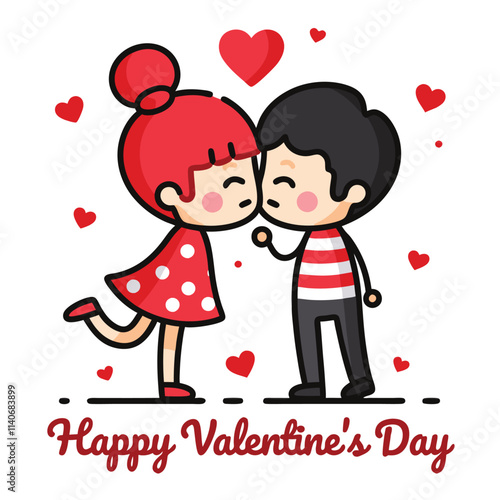 Cute cartoon characters of a couple expressing affection, surrounded by red hearts and text, conveying Valentine's romantic essence.