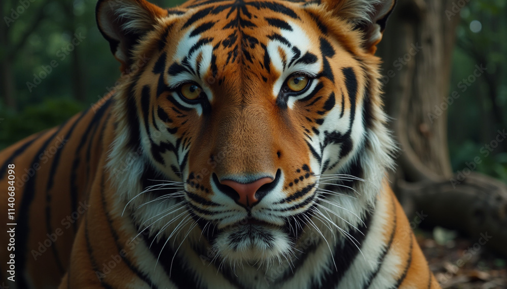 Close-up portrait of a powerful tiger with striking orange and black stripes in a lush jungle setting Close-up portrait of a powerful tiger with striking orange and black stripes in a lush jungle setting