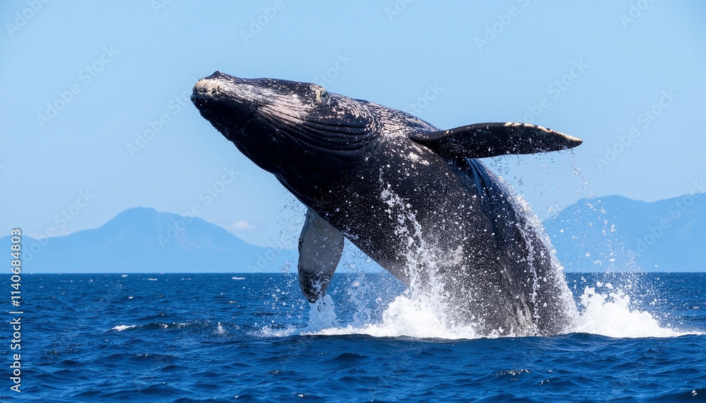 Fototapeta premium Humpback whale breaching the water surface with a splash in the ocean against a mountainous backdrop