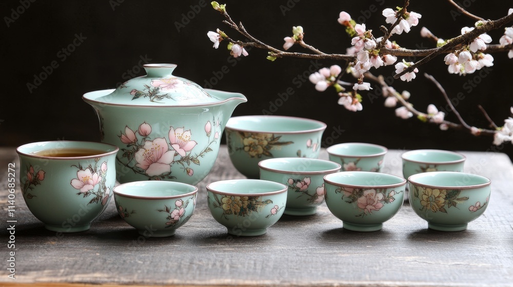 Tea ceremony celebration traditional setting decorative teacups and teapot floral environment close-up view cultural heritage Tea ceremony celebration traditional setting decorative teacups and teapot floral environment close-up view cultural heritage