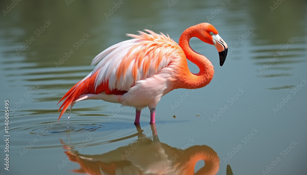 Fototapeta premium Close-up of a single pink flamingo standing in shallow water with ripples around it