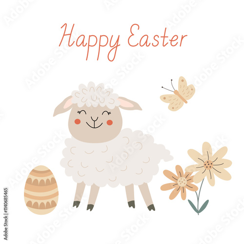 Happy Easter greeting card with a cute smiling lamb, egg, butterfly and flowers. Vector illustration and lettering hand drawn flat style, pastel colors