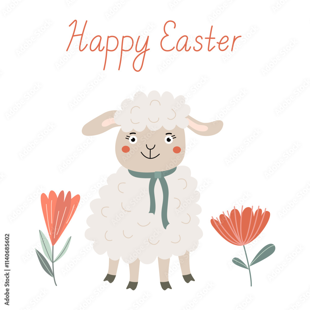 Happy Easter greeting card with a cute little lamb and flowers. Vector illustration and lettering in hand drawn flat style, pastel colors. Happy Easter greeting card with a cute little lamb and flowers. Vector illustration and lettering in hand drawn flat style, pastel colors.