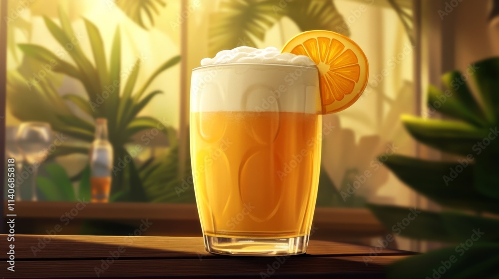Refreshing Orange Drink with Foam in Lush Tropical Setting Refreshing Orange Drink with Foam in Lush Tropical Setting