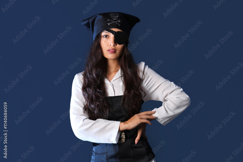 Beautiful young Asian woman dressed as pirate on dark blue background Beautiful young Asian woman dressed as pirate on dark blue background
