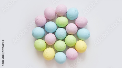 Colorful pastel Easter eggs arranged in a circular pattern on a white background for festive decoration