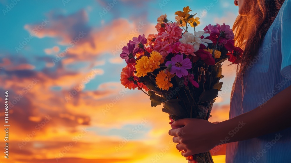 Naklejka premium Romantic couple with bouquet at sunset, symbolizing love and nature's beauty. Valentine's Day