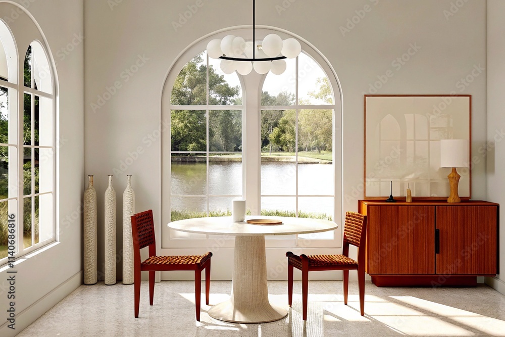 A light-filled dining room with a large window overlooking a lake, a round table, and two brown chairs. A light-filled dining room with a large window overlooking a lake, a round table, and two brown chairs.