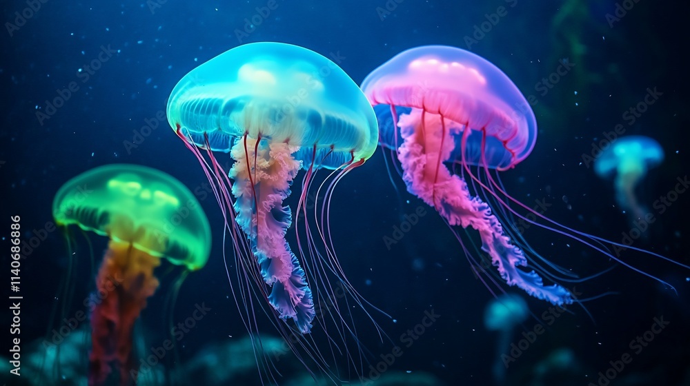 Vibrant jellyfish underwater, glowing, swimming, ocean. Vibrant jellyfish underwater, glowing, swimming, ocean.