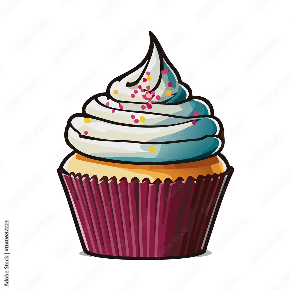 Vector Illustration of a Cupcake with Blue and White Swirled Frosting, Sprinkles, and Red Wrapper – Dessert Clipart Vector Illustration of a Cupcake with Blue and White Swirled Frosting, Sprinkles, and Red Wrapper – Dessert Clipart