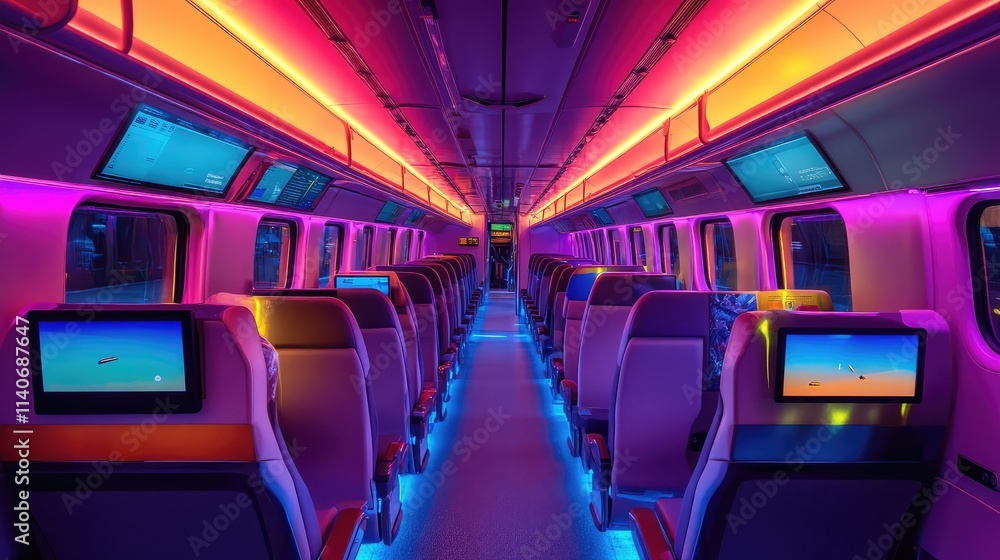The seating area of a high-speed train, featuring touchscreens embedded in seatbacks and vibrant LED lighting along the aisle The seating area of a high-speed train, featuring touchscreens embedded in seatbacks and vibrant LED lighting along the aisle