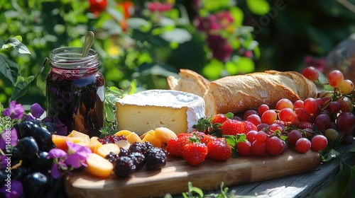 A playful picnic with a board of assorted cheese fruits and charerie along with a jar of homemade jam and a crusty baguette enjoyed in a botanical garden filled with fragrant photo