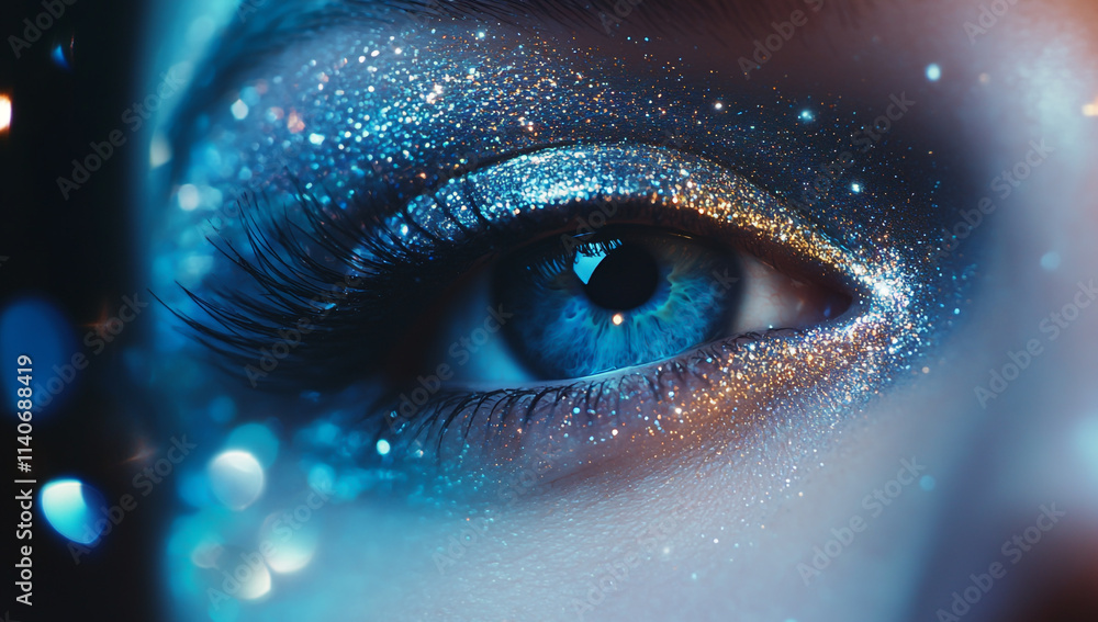 A close-up of the eye with reflections of galaxies and stars creates a cosmic makeup. A close-up of the eye with reflections of galaxies and stars creates a cosmic makeup.