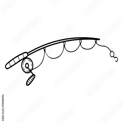 Fishing rod hand drawn doodle. Spinning tool. Fishing line with hook. Cane with reel. Vector line art illustration.