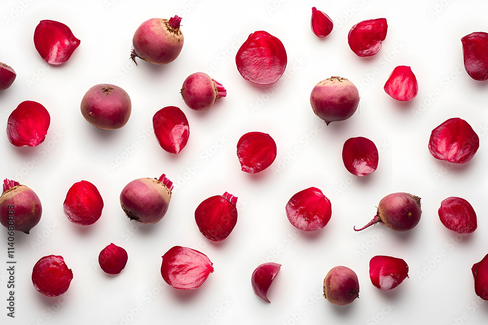 Freshly harvested red radishes and vibrant petals create a striking arrangement, evoking a sense of springtime freshness and culinary creativity in a bright, minimalistic setting Freshly harvested red radishes and vibrant petals create a striking arrangement, evoking a sense of springtime freshness and culinary creativity in a bright, minimalistic setting