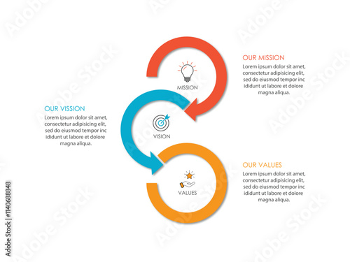 Mission, vision, values, graphic design template.eps 10 on white background, Can be used for presentation workflow layout, banner, process, diagram, flow chart, infographic, annual report.