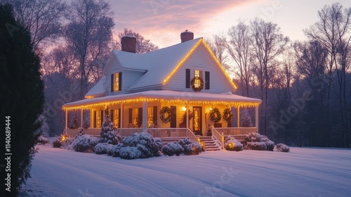 A rustic farmhouse adorned with wreaths and twinkle lights.