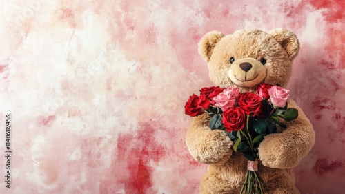 Teddy bear holding a bouquet of roses, sweet and romantic Valentine's charm. Valentine's Day