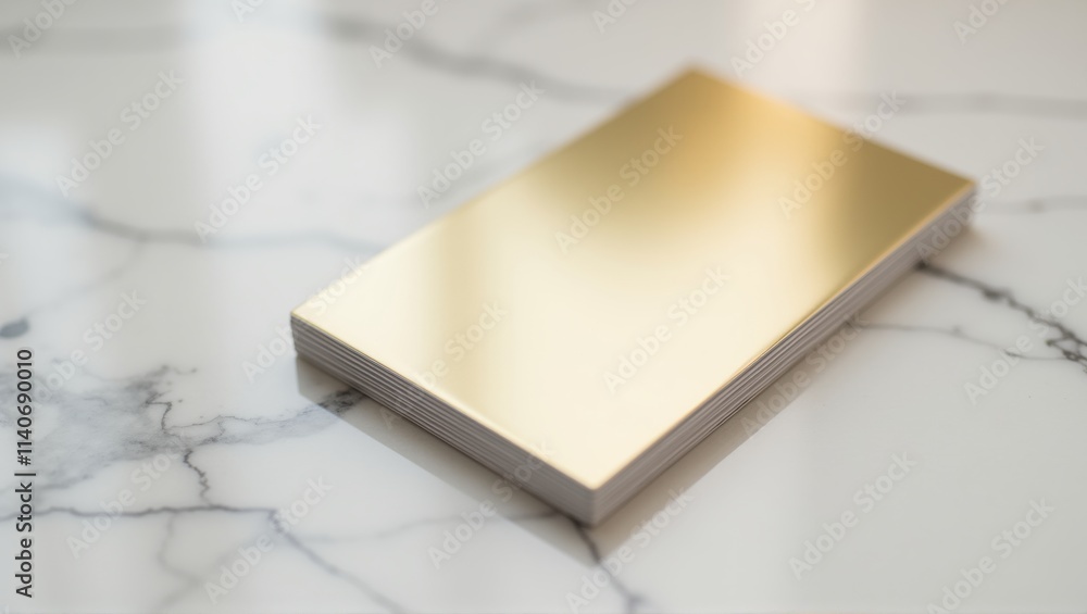 Fototapeta premium A sleek, reflective gold bar resting on a marble surface with delicate veining, exuding luxury and elegance in a minimalist setting. Generative, AI,