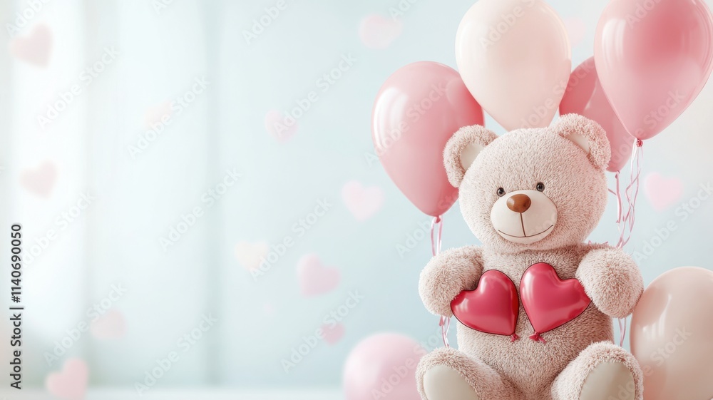 Obraz premium Romantic Valentine's display, teddy bear and heart balloons against festive decor. Valentine's Day