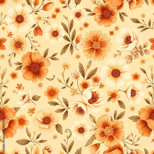Wallpaper Mural Autumnal Floral Pattern: Warm, earthy tones paint a beautiful seamless pattern of autumnal flowers. Perfect for textiles, fashion, and home decor. Torontodigital.ca